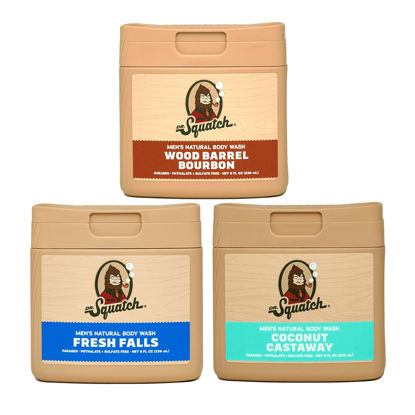 Picture of Dr. Squatch NEW Natural Body Wash for Men - Non-Exfoliating - Wood Barrel Bourbon + Fresh Falls + Coconut Castaway (8 oz, 3 Pack)