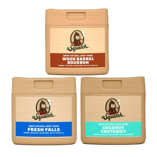 Picture of Dr. Squatch NEW Natural Body Wash for Men - Non-Exfoliating - Wood Barrel Bourbon + Fresh Falls + Coconut Castaway (8 oz, 3 Pack)
