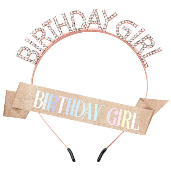 Picture of Birthday Sash Birthday Crown for Women, Birthday Girl Sash, Birthday Girl Crown, Glitter Rose Gold Birthday Sash and Crown Rhinestone Headband Set, Happy Birthday Girl Princess Tiara Sash Accessories