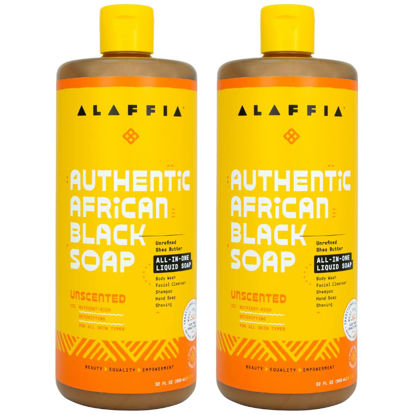 Picture of Alaffia Skin Care, Authentic African Black Soap, All in One Liquid Soap, Acne Face Wash, Moisturizing Body Wash, Shampoo, Shaving Soap, Shea Butter, Unscented (2 Pack - 32 Fl Oz Ea)
