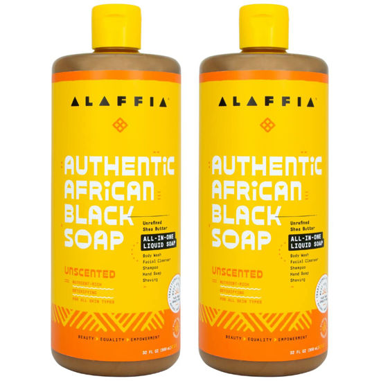 Picture of Alaffia Skin Care, Authentic African Black Soap, All in One Liquid Soap, Acne Face Wash, Moisturizing Body Wash, Shampoo, Shaving Soap, Shea Butter, Unscented (2 Pack - 32 Fl Oz Ea)