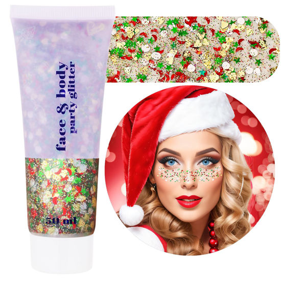 Picture of Paminify Christmas Makeup Face Glitter Gel,Green Red Body Glitter Gel Rave Accessories,Stocking Stuffers Kids Self-Adhesive Sequins Glitter,Sparkling Festival Party Gift for Women Girls,50ML
