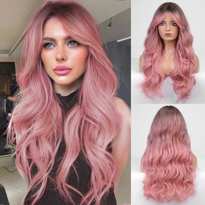 Picture of HAIRCUBE Long Pink Wavy Wig for Women Ombre Pink Wig Dark Root 26 Inch with Bangs Curly Wavy Wig Natural Looking Synthetic Heat Resistant Fiber Wig for Daily Party Use （Pink