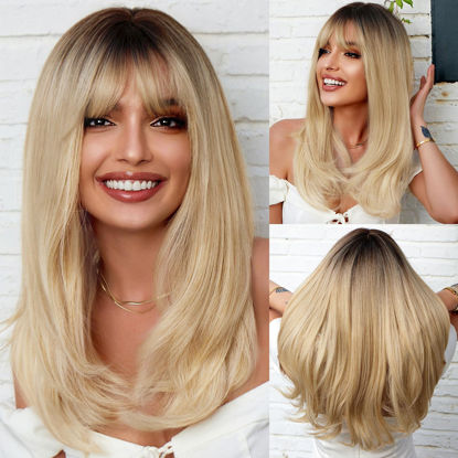 Picture of HAIRCUBE Ombre Blonde Long Straight Wig with Bangs Dark Root Long Hair With Bangs Natural Appearance Heat-resistant Synthetic Wig Daily Play Party Suitable For Fashionable Women 20Inches
