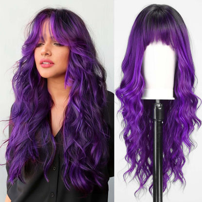 Picture of HAIRCUBE Purple Wig with Bangs for Women Brown and Blonde Long Wavy Hair Wig Wig Curly Wavy Synthetic Wigs for Girls Daily Party Use