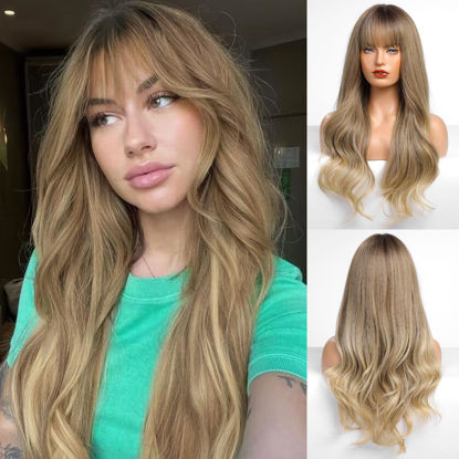 Picture of HAIRCUBE Brown to Blonde Wig with Bangs for Women Brown and Blonde Long Wavy Hair Wig Wig Curly Wavy Synthetic Wigs for Girls Daily Party Use