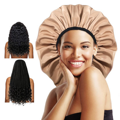 Picture of Auban Extra Large Shower Cap for Braids, Double-Layer Waterproof Reusable Satin Lining XL Shower Cap for Women Long Hair, Locs, perms (khaki)