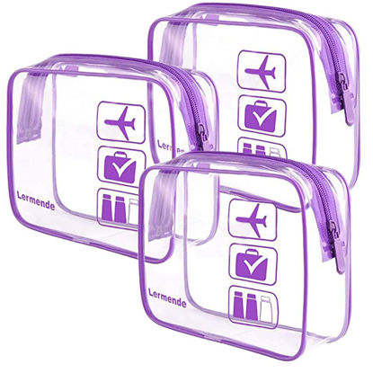 Picture of Lermende 3pcs Clear Bags for Travel,TSA Approved Toiletry Bag for Women,Travel Bags for Toiletries,Carry On Bag for Airport,Travel Makeup Bags For Women Men - Purple