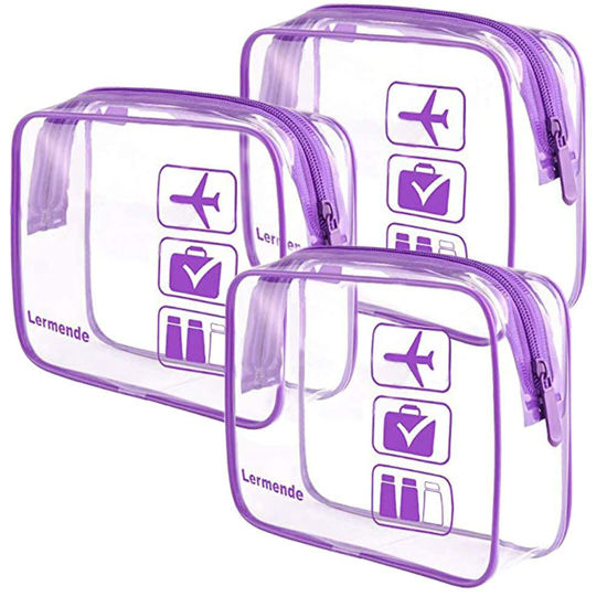 Picture of Lermende 3pcs Clear Bags for Travel,TSA Approved Toiletry Bag for Women,Travel Bags for Toiletries,Carry On Bag for Airport,Travel Makeup Bags For Women Men - Purple