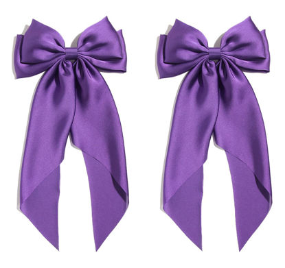 Picture of Satin Bow Hair Clips for Women,Big Bow Hair Slides Metal Clips Long Ribbon Hairpin Girls Barrettes Party Half-Updo Ponytail Accessories (2pcs Purple)