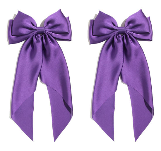 Picture of Satin Bow Hair Clips for Women,Big Bow Hair Slides Metal Clips Long Ribbon Hairpin Girls Barrettes Party Half-Updo Ponytail Accessories (2pcs Purple)
