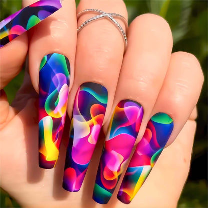Picture of RUOKEXIN Acrylic Press on Nails Long Coffin Fake Nails with Nails Glue Long Ballet False Nails with Water Ripple Rainbow Designs Colorful Full Cover Artificial Nails Press Ons Stick on Nails 24Pcs