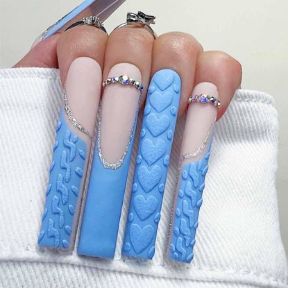 Picture of Foccna Blue Press on Nails Extra Long, Acrylic Fake Nails French Square False Nails Matte,Artificial Nails LOVE Design for Women and Girls, 24 pcs