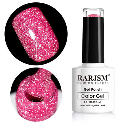 Picture of RARJSM Pink Gel Nail Polish, 7.5ml 0.25Floz Reflective Gel Polish Glitter Gel Nail Polish Summer Candy Collection Diamond Shimmer Neon Pink Nail Gel for Starter Nail DIY at Home UV LED Lamp Required