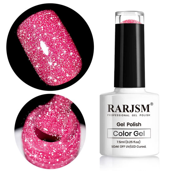 Picture of RARJSM Pink Gel Nail Polish, 7.5ml 0.25Floz Reflective Gel Polish Glitter Gel Nail Polish Summer Candy Collection Diamond Shimmer Neon Pink Nail Gel for Starter Nail DIY at Home UV LED Lamp Required