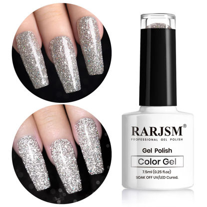 Picture of RARJSM Silver Glitter Gel Nail Polish,Reflective Glitter Gel Polish Silver Beige Holographic Iridescent Shimmer LED UV Soak Off Sparkle Diamond Gel Polish Nail Art Manicure Salon DIY at Home
