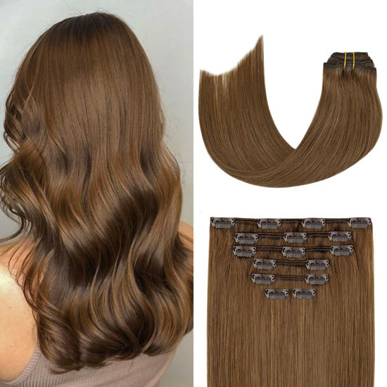 Picture of Aison Chestnut Brown Hair Extensions Clip in Hair Extensions Real Human Hair 70G 100% Remy Human Hair Clip in Extensions for Women 7pcs 16clips (15 Inch #6) Light Brown Hair Extensions