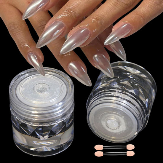 Picture of 2Pcs White Chrome Nail Powder Moonlight Pearl Powder for Nails, Magic Clear Pearlescent Aurora Mirror Effect Gel Nail Glitter Powder Nails Art Design 0.5/Jar