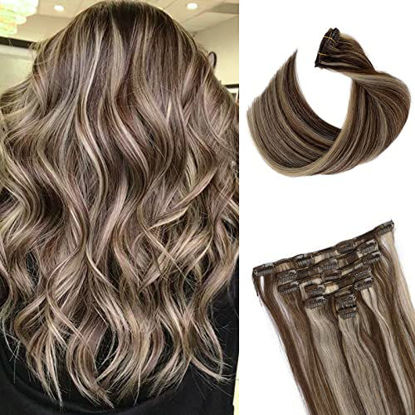 Picture of Blonde Highlights Hair Extensions Clip in Human Hair for Women, 15 Inch Straight Real Human Hair Extensions Clip ins Dark Brown and Bleach Blonde Clip in Extensions 70grams 7pcs