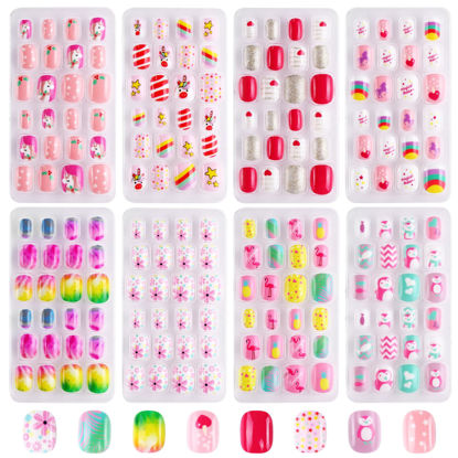 Picture of 192Pcs 8Pack Jsiallye Press on Nails for Kids, Fake Nails for Kids Pre-glue Full Cover Glitter Gradient Color Unicorn Animal press on Nail Kits Sets Gifts for Girls