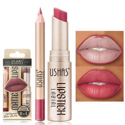 Picture of USHAS Lipstick and Lip Liner Combo Set 2 in 1 Waterproof Lipstick for Women Lip liner Set Long Lasting Lipstick, Matte Lipstick Pen with Lip Liner Set Makeup Kits (G6, Pack of 1)