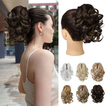 Picture of REECHO 9" Short Ponytail Extension, Classic Loose Curly Wavy Claw Clip Pony tails Hair Extensions HP001 Hairpieces for Women - Dark Brown with Highlights