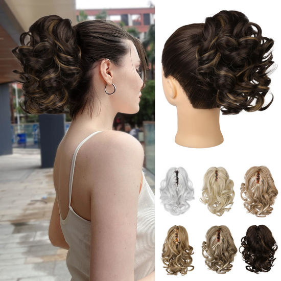 Picture of REECHO 9" Short Ponytail Extension, Classic Loose Curly Wavy Claw Clip Pony tails Hair Extensions HP001 Hairpieces for Women - Dark Brown with Highlights