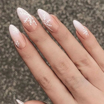 Picture of Christmas Press on Nails Winter, Almond Medium Christmas Fake Nails Christmas Glue on Nails Xmas Snowflake Oval Acrylic Nails Press ons, Christmas False Nails for Women and Girls - 24 PCS