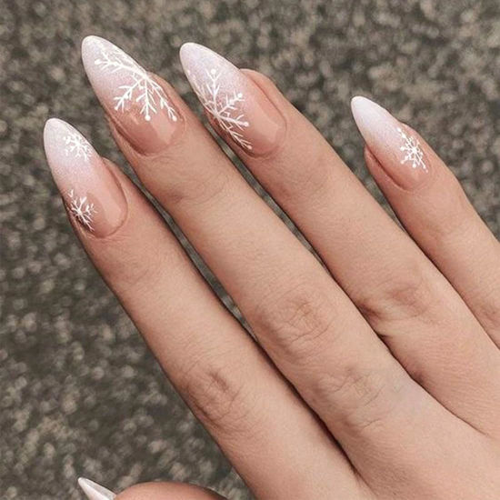 Picture of Christmas Press on Nails Winter, Almond Medium Christmas Fake Nails Christmas Glue on Nails Xmas Snowflake Oval Acrylic Nails Press ons, Christmas False Nails for Women and Girls - 24 PCS