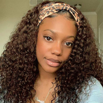 Picture of Aiterina Headband Wig Human Hair Headband Wig Deep Wave Human Hair Wigs for Black Women Glueless Human Hair Wigs Machine Made 150% Density No Lace Deep Headband Wig Chocolate Brown 12 inch