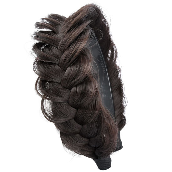 Picture of DIGUAN Wide Messy Braided Headband With Teeth Synthetic Hair Plaited Headband High Elasticity Braids Chunky Fishtail Braided Hair Band Hairpiece for Girls Women (Dark Chocolate)