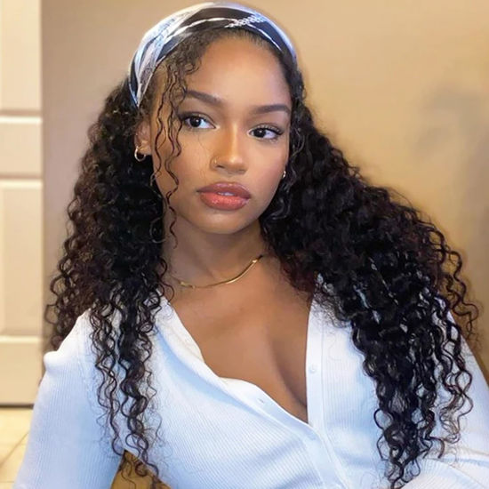 Picture of Aiterina 22Inch Headband Wigs Human Hair Deep Wave Wig Glueless Headband Wig Deep Wave None Lace Front Wigs Headband Wig Machine Made Wigs Curly Hair Natural Color