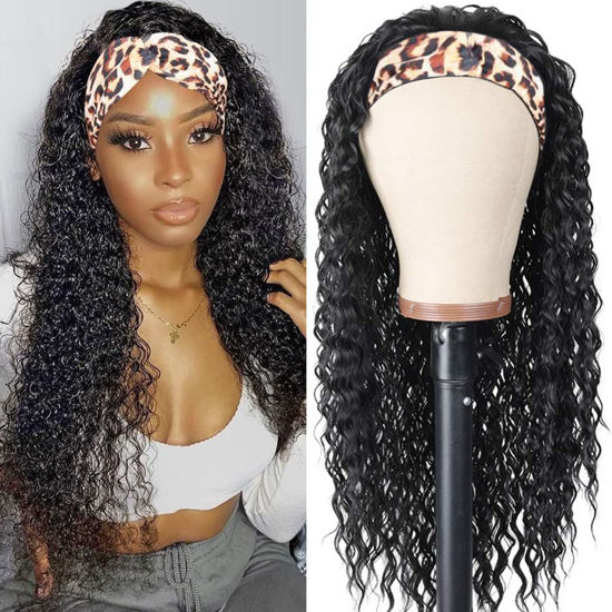 Picture of Aiterina Headband Wig deep wave human hair wigs for Black Women Brazilian Remy Hair Glueless Non Lace Front Wig 150% Density Natural Color (28 inch, Headband Wig Deep Wave)
