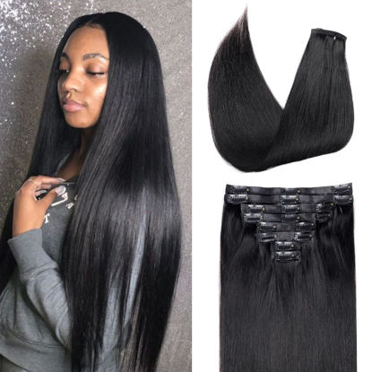 Picture of Pobokix Seamless Clip in Hair Extensions Real Human Hair Straight Brazilian Human Hair Clip in Extensions 8Pcs PU Clip in Remy Hair for Women Invisible Skin Weft 18Clips 120g 30inch Natural Black