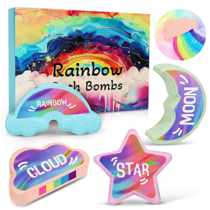 Picture of Rainbow Bath Bombs for Kids - 4 Pcs Handmade Natural Kids Bath Bombs Bubble Bath, Valentines Day Gifts for Kids, Birthday Gifts for Kids