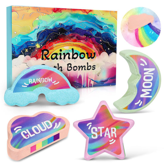 Picture of Rainbow Bath Bombs for Kids - 4 Pcs Handmade Natural Kids Bath Bombs Bubble Bath, Valentines Day Gifts for Kids, Birthday Gifts for Kids