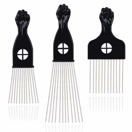 Picture of LEADUWAY Hair Picks - Black Metal Afro Combs for Hair Styling, Fist Pick for Women and Men
