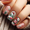 Picture of Christmas Short Square Press on Nails with Snowman Embossed Colorful Flowers Designs Winter Xmas Fake Nails Glossy False Nails Full Cover Acrylic Nails Christmas Stick on Nails for DIY Nail Art 24 Pcs