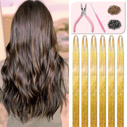 Picture of Champagne Gold Hair Tinsel Kit 48 Inches 1200 Strands with Tools and Instruction Easy to Install Fairy Glitter Tinsel Hair Extensions for Women and Girls，Shinny Sparkling Braiding Hair Accessories for Halloween Cosplay Party