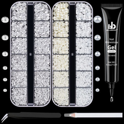 Picture of BELLEBOOST Nail Art Rhinestone Glue Gel&2 Boxes Flatback Gems Kit, 1 Tube of 15ml Rhinestone Gel Glue(UV/LED Needed)+Round Clear Gems+Flat-Back Half Round White&Beige Pearls with Pickup Tools