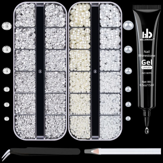 Picture of BELLEBOOST Nail Art Rhinestone Glue Gel&2 Boxes Flatback Gems Kit, 1 Tube of 15ml Rhinestone Gel Glue(UV/LED Needed)+Round Clear Gems+Flat-Back Half Round White&Beige Pearls with Pickup Tools