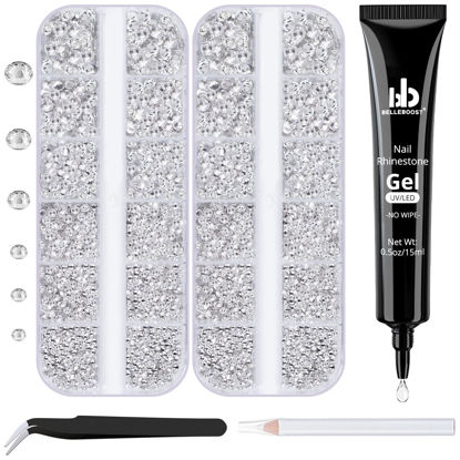 Picture of BELLEBOOST Nail Art Rhinestone Glue Gel&2 Boxes Flatback Gems Kit, 1 Tube of 15ml Rhinestone Gel Glue(UV/LED Needed)+Round Glass Crystal Clear Gemstones with Pickup Tools