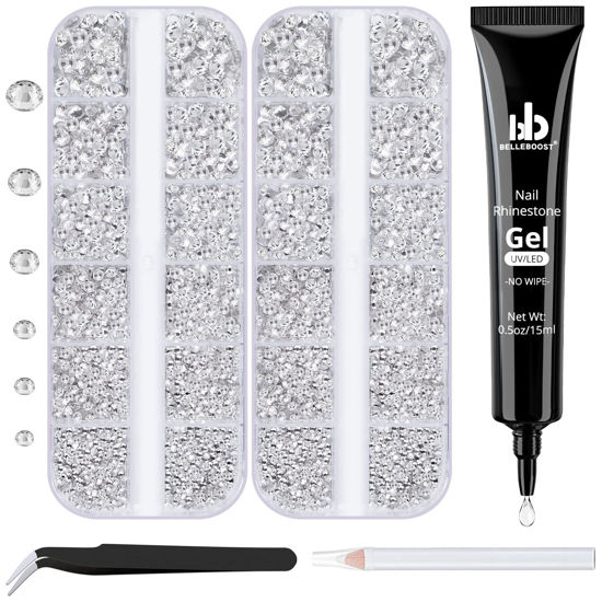 Picture of BELLEBOOST Nail Art Rhinestone Glue Gel&2 Boxes Flatback Gems Kit, 1 Tube of 15ml Rhinestone Gel Glue(UV/LED Needed)+Round Glass Crystal Clear Gemstones with Pickup Tools