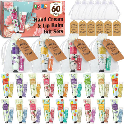 Picture of AZEN 60 Sets Hand Cream Bulk and Lip Balm Bulk Set, Bridal Shower Gifts for Guests with Organza Bag Thank You Card, Thank You Gifts for Coworkers Women Men, Bridal Wedding Favors for Guests