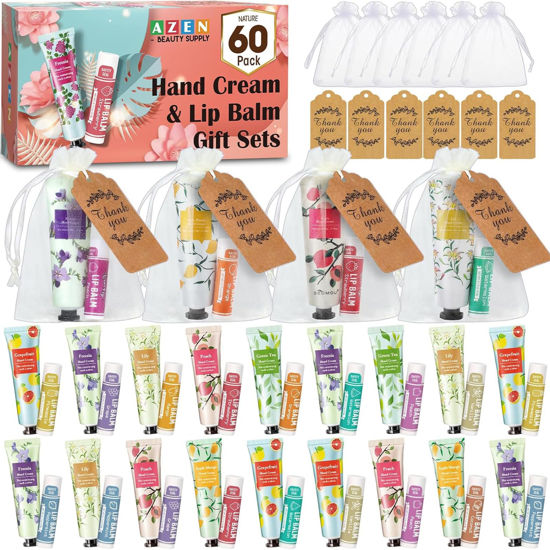 Picture of AZEN 60 Sets Hand Cream Bulk and Lip Balm Bulk Set, Bridal Shower Gifts for Guests with Organza Bag Thank You Card, Thank You Gifts for Coworkers Women Men, Bridal Wedding Favors for Guests