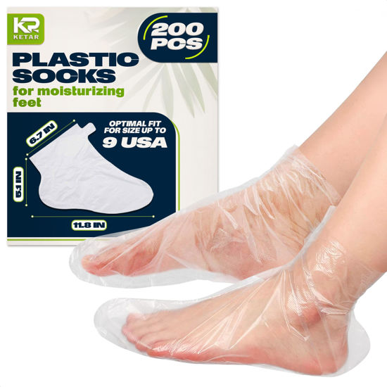 Picture of 200Pcs Disposable Foot Covers for Feet Moisturizer Socks - Plastic Pedicure Foot Spa Liners Disposable Foot Socks Pedicure Lotion Socks for Dry Feet - Foot Mask Moisturizing Socks Cracked Heel Socks