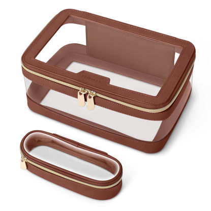 Picture of Soimeat Travel Clear Makeup Bag with Makeup Brush Bag, Leather Makeup Case Toiletry Bag, Portable Cosmetic Bag Case, Transparent Waterproof Cosmetic Organizer Storage Bag for Women, Brown