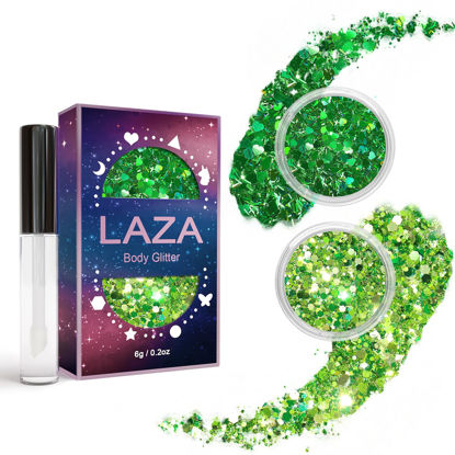 Picture of Laza 2 Jars St. Patrick’s Day Body Glitter Iridescent Chunky Sequins with Glitter Glue Women Eyeshadow Makeup Face Paint Festival Rave Outfits Hair Accessories Carnival Brat Party Costumes-Green Field