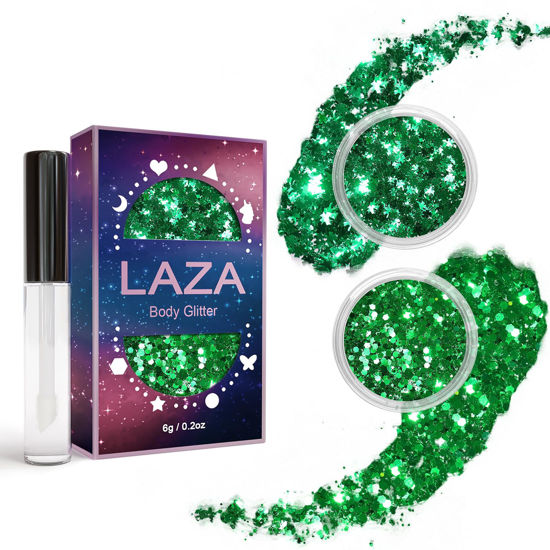 Picture of Laza 2 Jars St. Patrick’s Day Body Glitter Iridescent Chunky Sequins with Glitter Glue Women Eyeshadow Makeup Face Paint Festival Rave Outfits Hair Accessories Carnival Party Costumes - Lush Clove