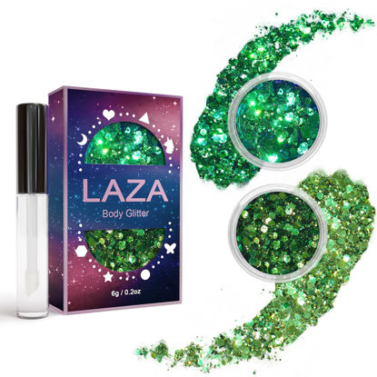 Picture of Laza 2 Jars St. Patrick’s Day Body Glitter Iridescent Chunky Sequins with Glitter Glue Women Eyeshadow Makeup Face Paint Festival Rave Outfits Hair Accessories Carnival Party Costumes- Gold Blue Green